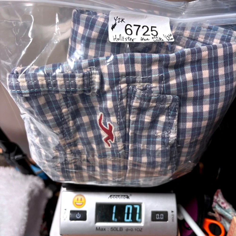 Y2K Hollister Button Fly Chino Shorts Mens 32 Blue Gingham Check Coastal Seagull